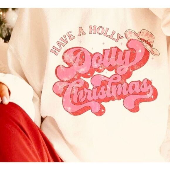 “Have a Holly Dolly Christmas” Light Pink Crewneck Holiday Sweatshirt Medium - Picture 11 of 11